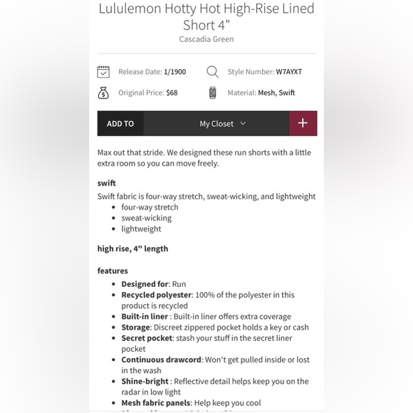 Lululemon NWT Hotty Hot High Rise 4” Lined Cascadia Green Size 4 - Picture 7 of 11